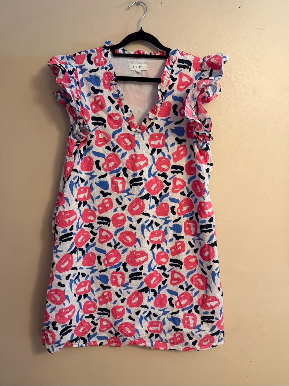 THML Pink Blue Floral Ruffle Sleeve Casual Dress